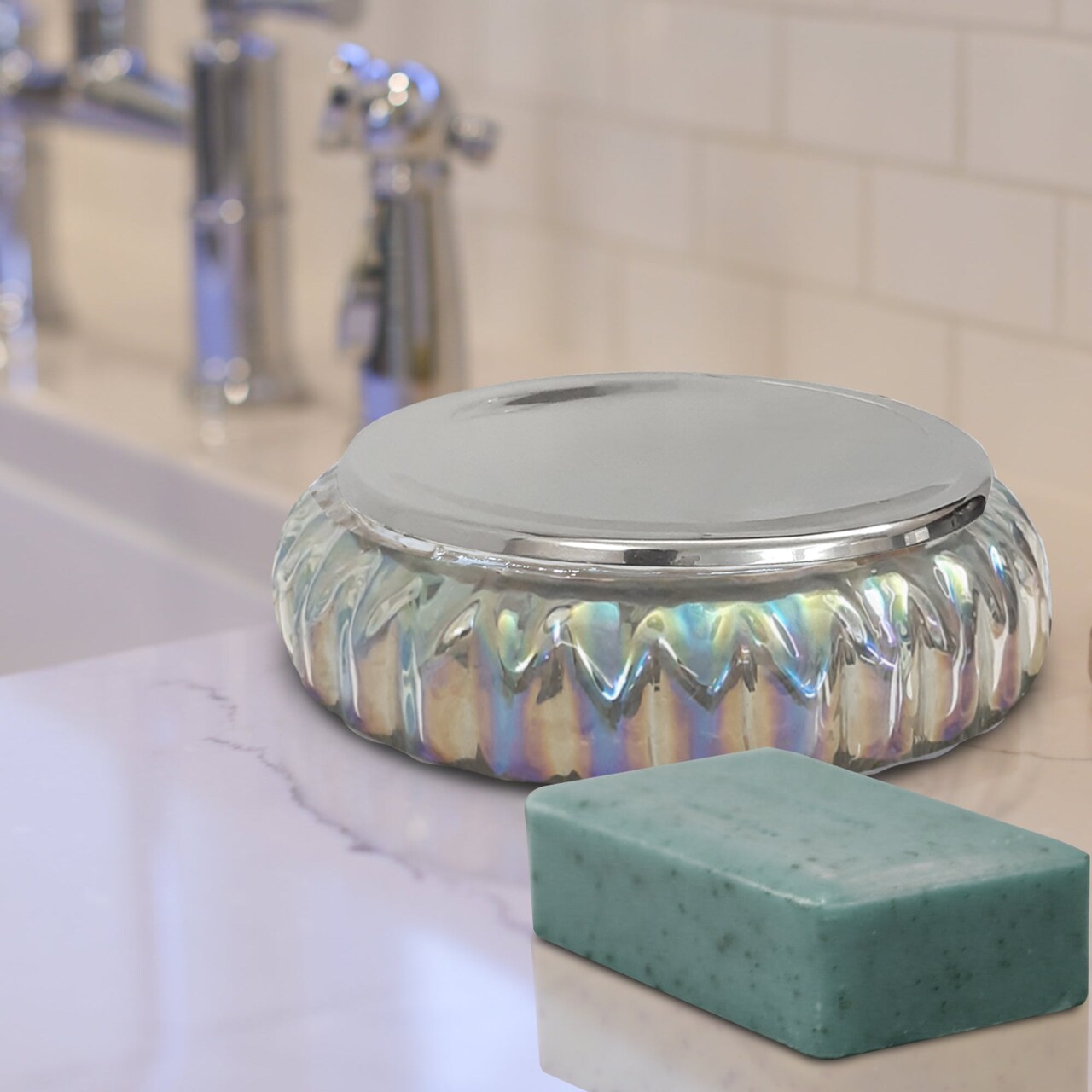 Glass Soap Dish | Bathroom Counter, Shower & Kitchen | Rainbow Lustre Finish.
